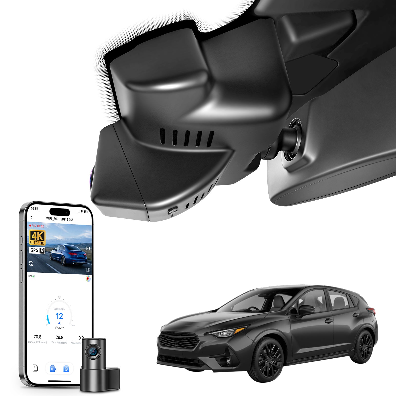 2 channel dash cam with dual STARVIS 2, features smartphone app control, 4K Ultra HD recording, GPS tracking, and Subaru Impreza Hatchback models in the background.  