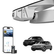 2 channel dash cam with dual STARVIS 2, features smartphone app control, 4K Ultra HD recording, GPS tracking, and Volkswagen Golf Hatchback models in the background.  
