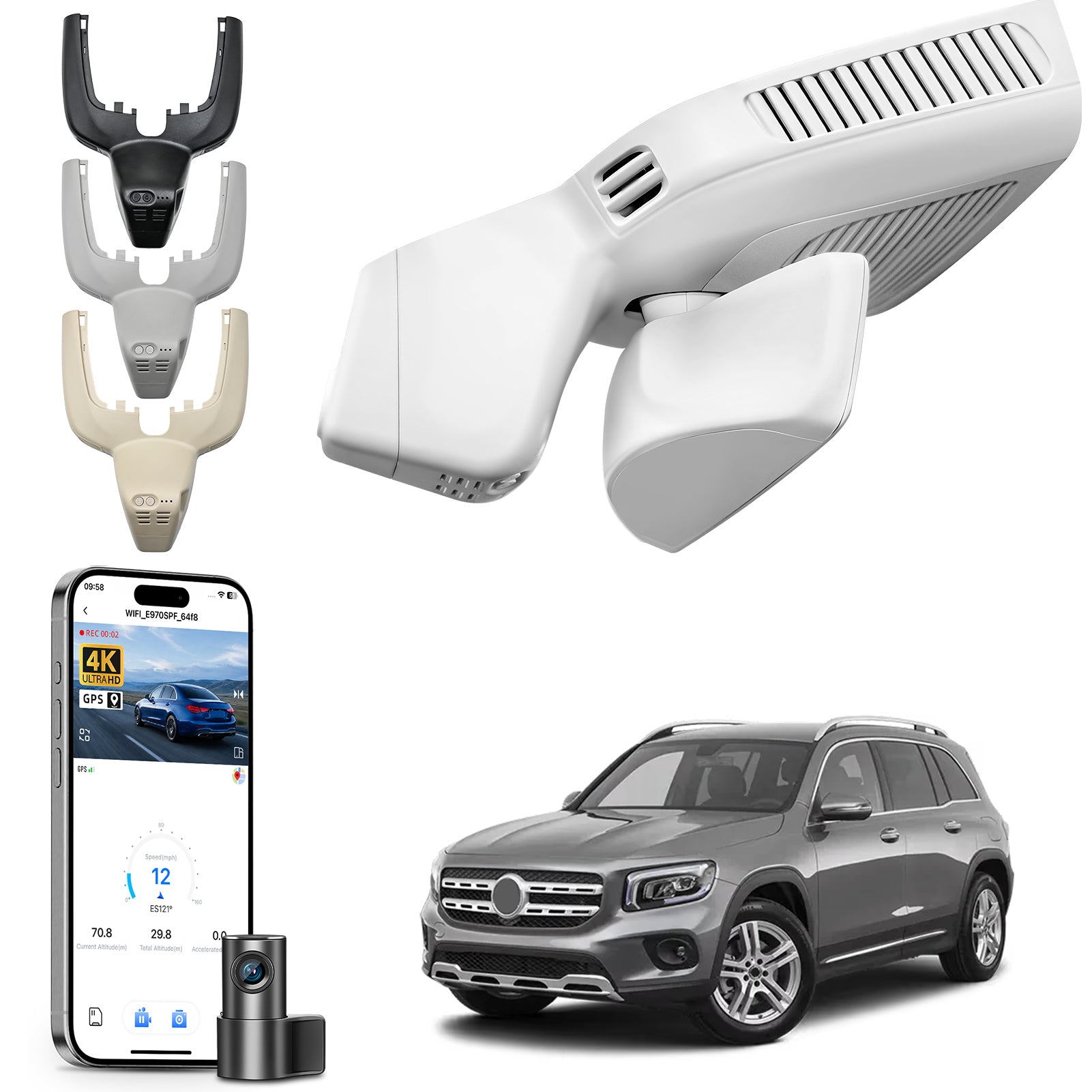2 channel dash cam with dual STARVIS 2, features smartphone app control, 4K Ultra HD recording, GPS tracking, and Benz GLE & GLS models in the background. 