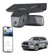 Car rearview mirror built-in dash cam with smartphone app control, 4K Ultra HD recording, GPS tracking, and BMW X7 SUV models in the background.
