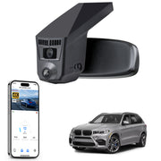 Car rearview mirror built-in dash cam with smartphone app control, 4K Ultra HD recording, GPS tracking, and BMW X5 Gen3 SUV models in the background.