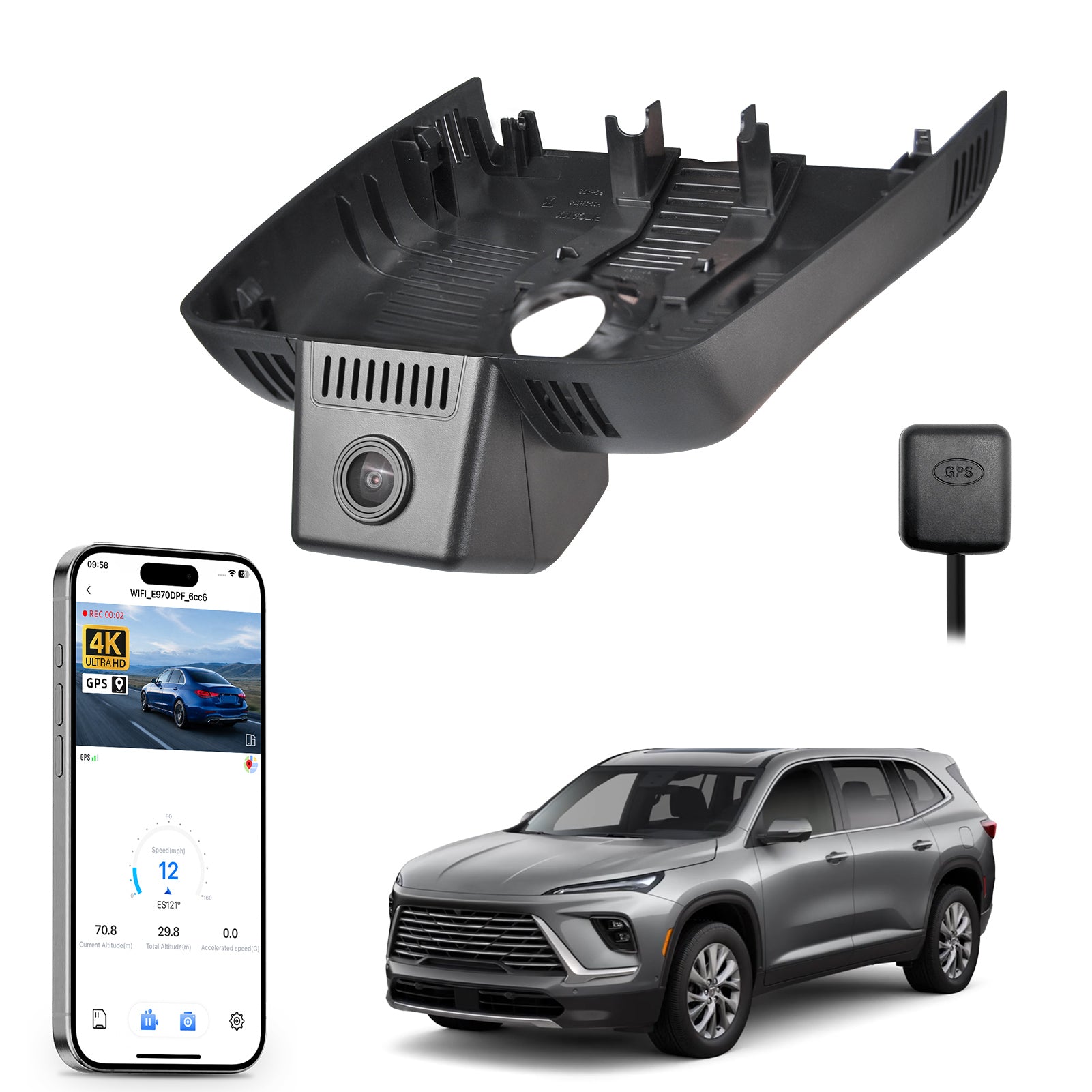 Car rearview mirror built-in dash cam with smartphone app control, 4K Ultra HD recording, GPS tracking, and Buick Enclave SUV models in the background.