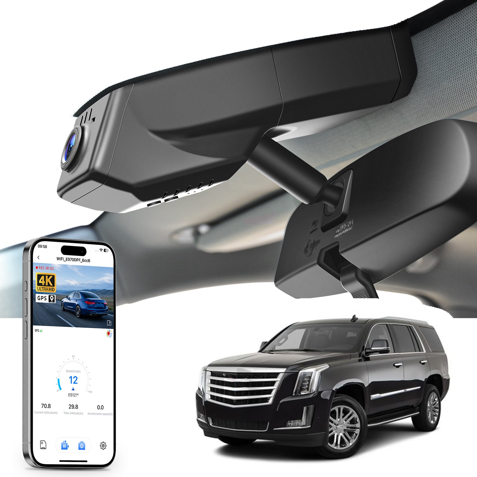 Car rearview mirror built-in dash cam with smartphone app control, 4K Ultra HD recording, GPS tracking, and Cadillac EScalade ESV SUV models in the background.