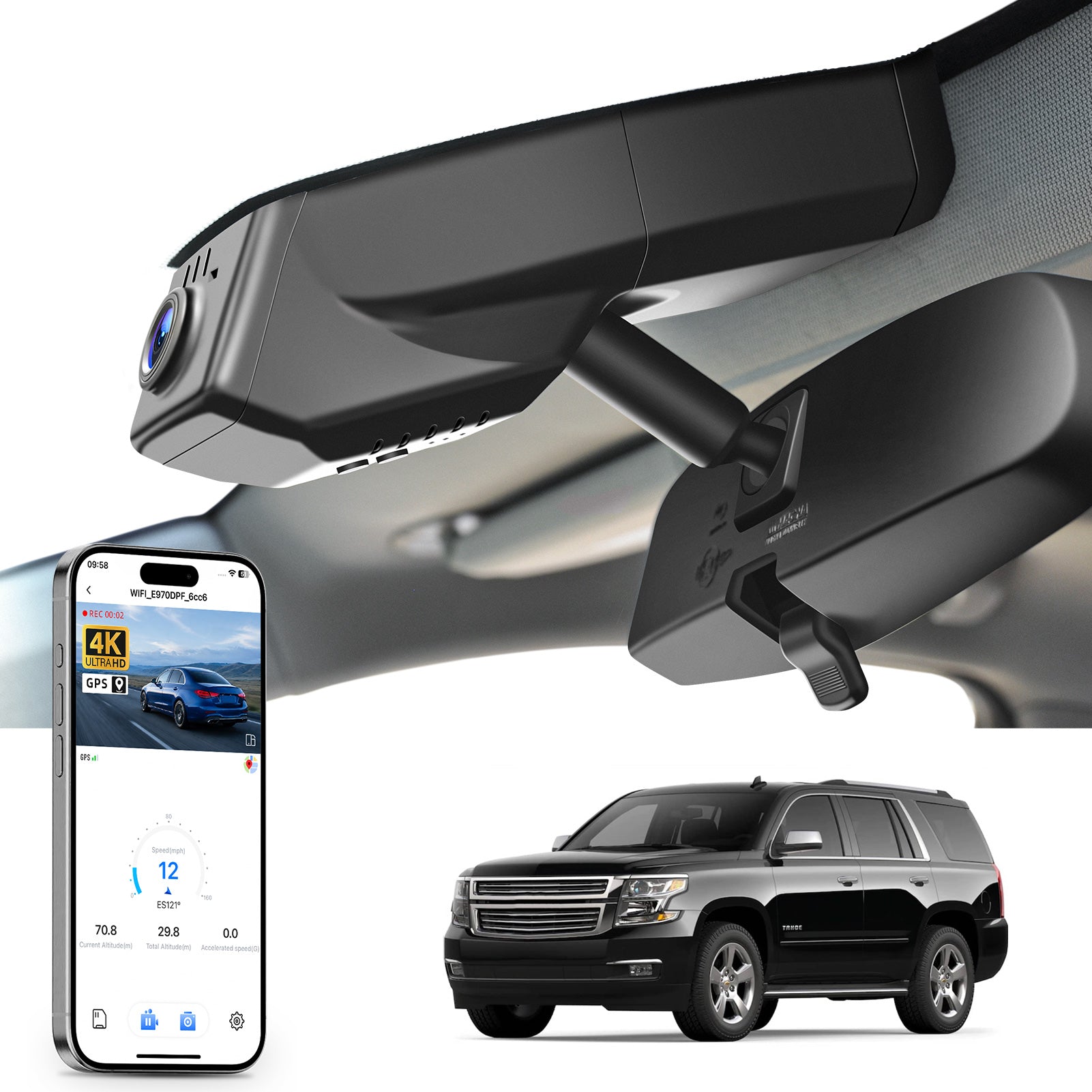 Car rearview mirror built-in dash cam with smartphone app control, 4K Ultra HD recording, GPS tracking, and Chevy Suburban Tahoe SUV models in the background.