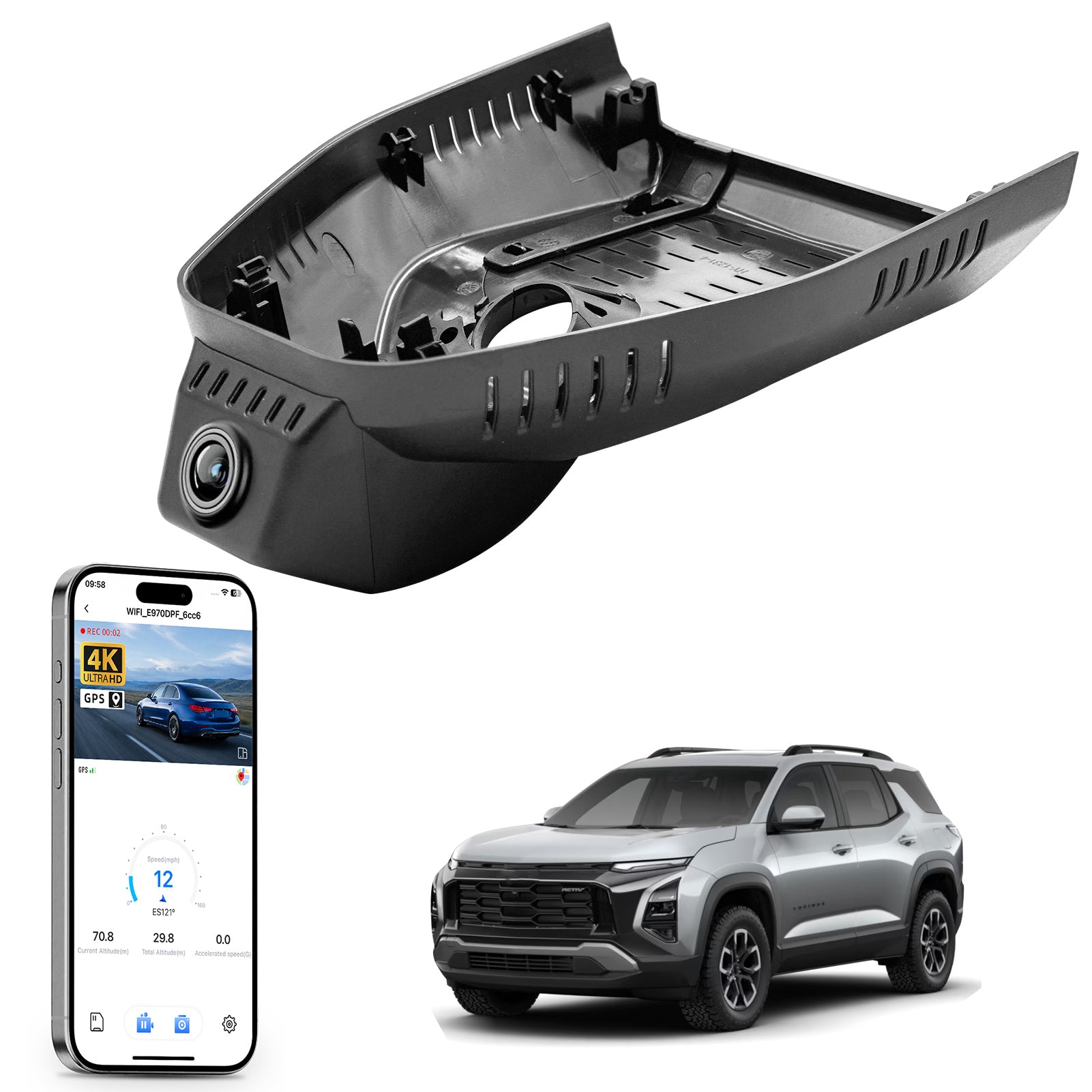 Car rearview mirror built-in dash cam with smartphone app control, 4K Ultra HD recording, GPS tracking, and Chevy Equinox SUV models in the background.