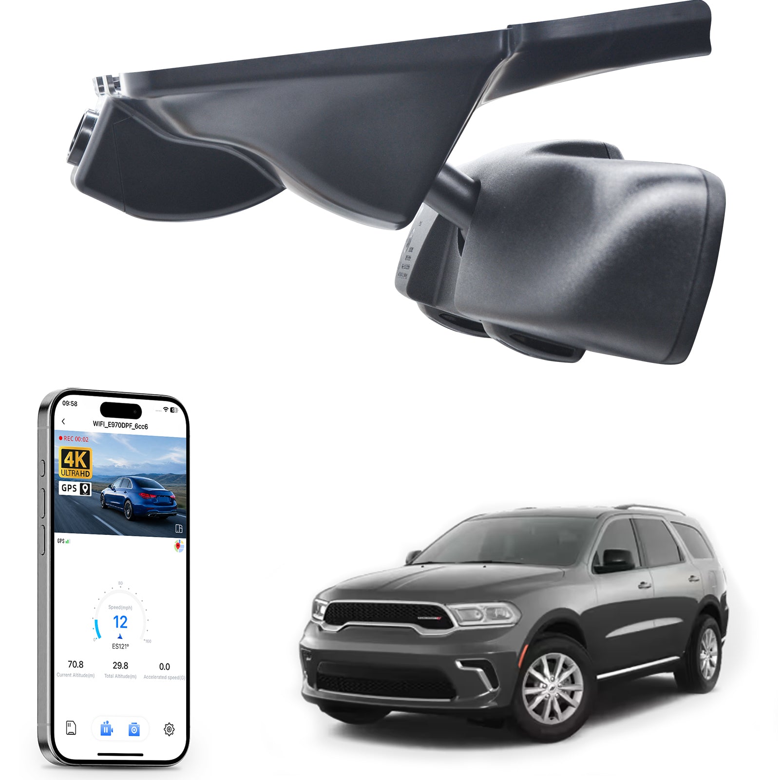 Car rearview mirror dash cam with smartphone app control, 4K Ultra HD recording, GPS tracking, and Dodge Durango SUV models in the background.