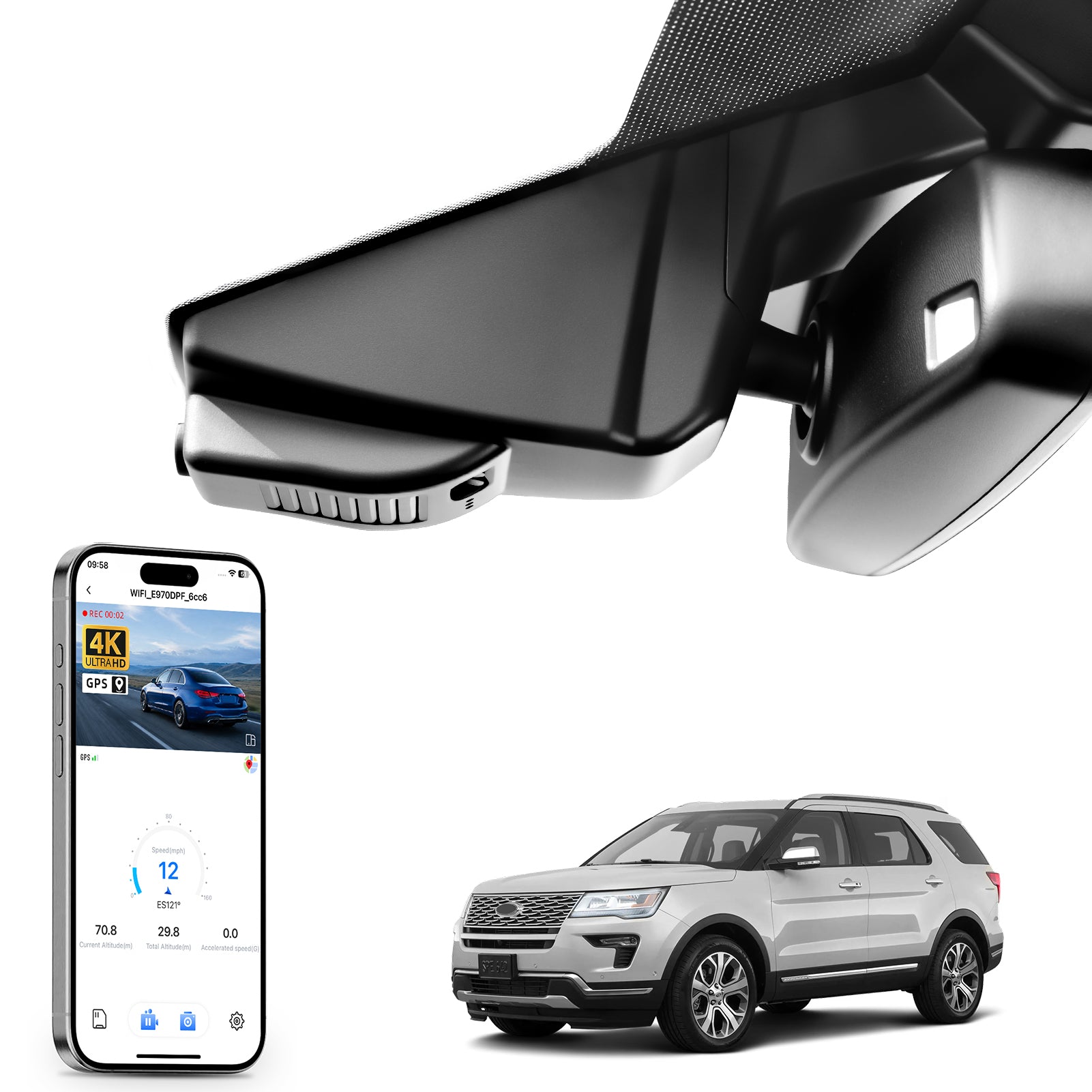 Car rearview mirror dash cam with smartphone app control, 4K Ultra HD recording, GPS tracking, and Ford Explorer SUV models in the background.