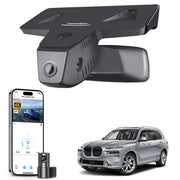 2 channel dash cam with dual STARVIS 2, features smartphone app control, 4K Ultra HD recording, GPS tracking, and BMW X7 SUV in the background.  