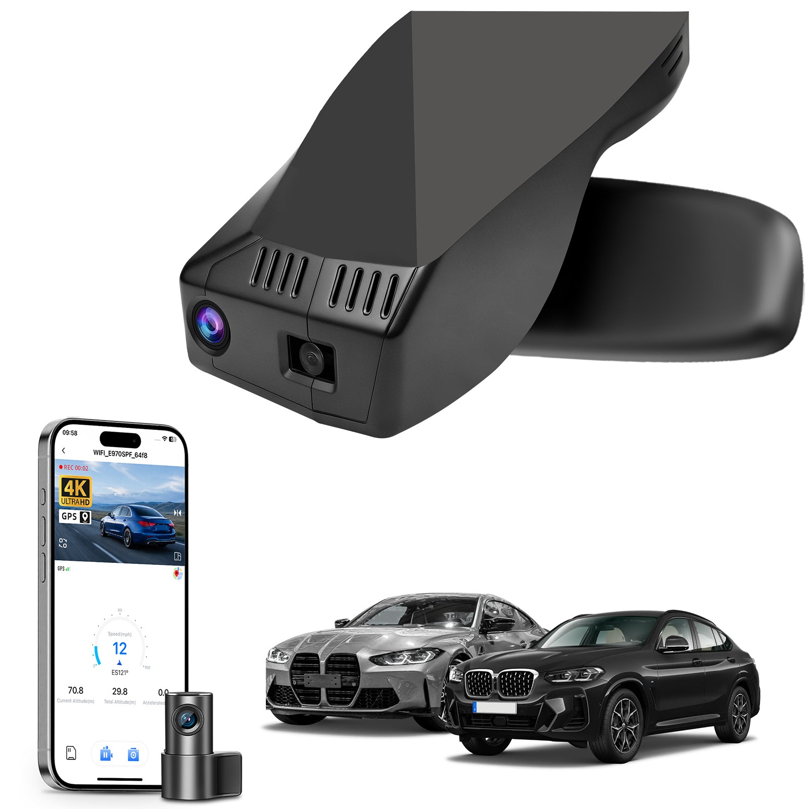 2 channel dash cam with dual STARVIS 2, features smartphone app control, 4K Ultra HD recording, GPS tracking, and BMW 4 Series Gen2 in the background. 