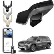 2 channel dash cam with dual STARVIS 2, features smartphone app control, 4K Ultra HD recording, GPS tracking, and Benz GLE & GLS models in the background. 