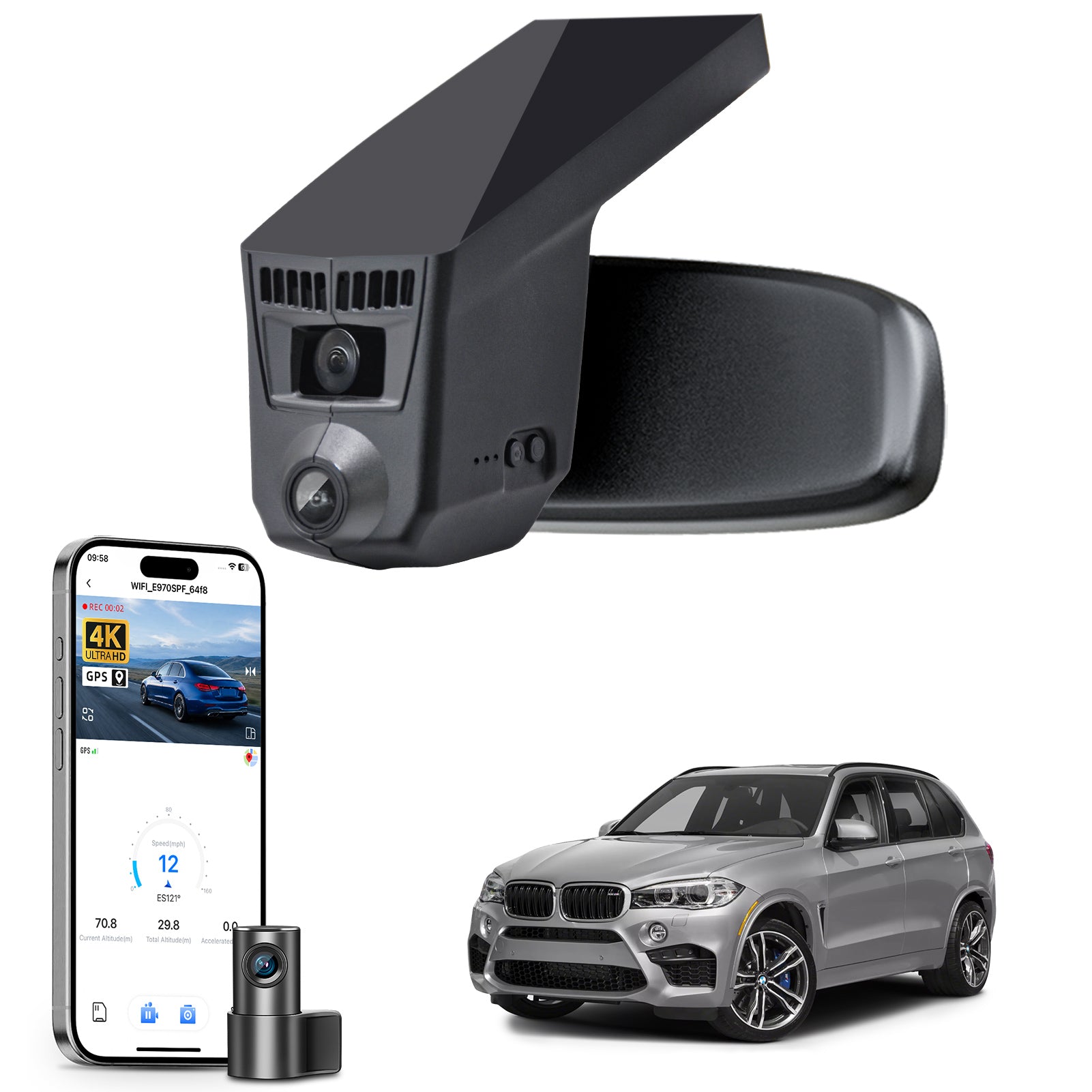 2 channel dash cam with dual STARVIS 2, features smartphone app control, 4K Ultra HD recording, GPS tracking, and BMW X5 Gen3 SUV models in the background.  