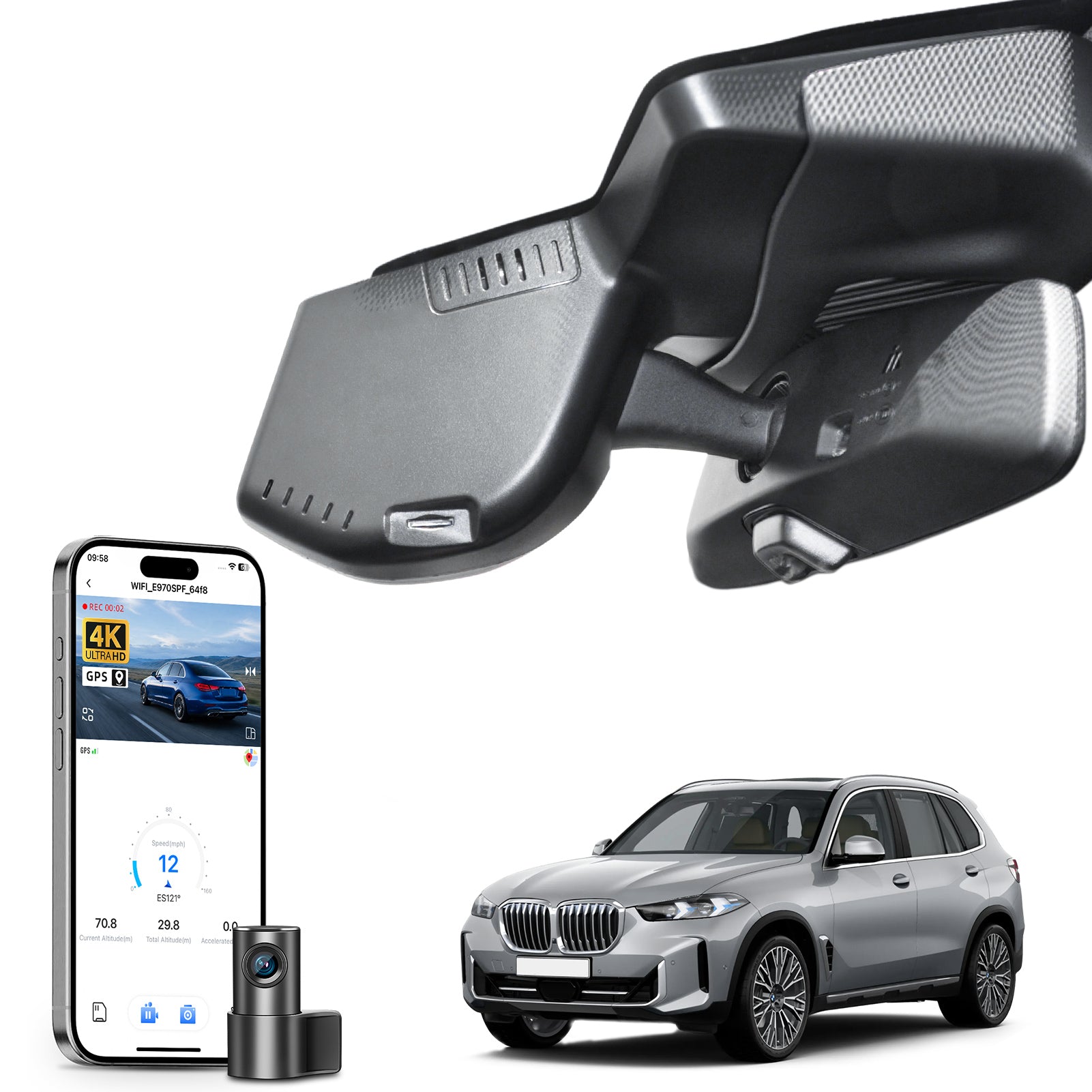 2 channel dash cam with dual STARVIS 2, features smartphone app control, 4K Ultra HD recording, GPS tracking, and BMW X5 Gen4 SUV models in the background.  