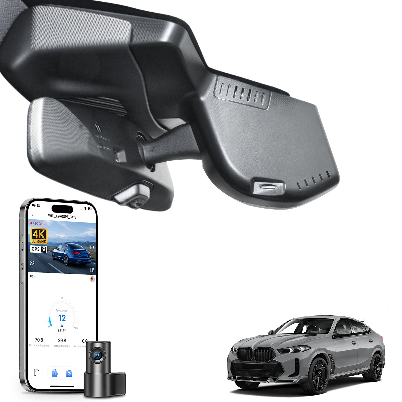 2 channel dash cam with dual STARVIS 2, features smartphone app control, 4K Ultra HD recording, GPS tracking, and BMW X6 Gen3 SUV models in the background.  