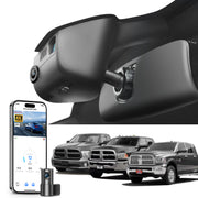 2 channel dash cam with dual STARVIS 2, features smartphone app control, 4K Ultra HD recording, GPS tracking, and Dodge RAM Gen4 Pickup models in the background.  