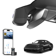 2 channel dash cam with dual STARVIS 2, features smartphone app control, 4K Ultra HD recording, GPS tracking, and Porsche 911 Sports Car models in the background. 