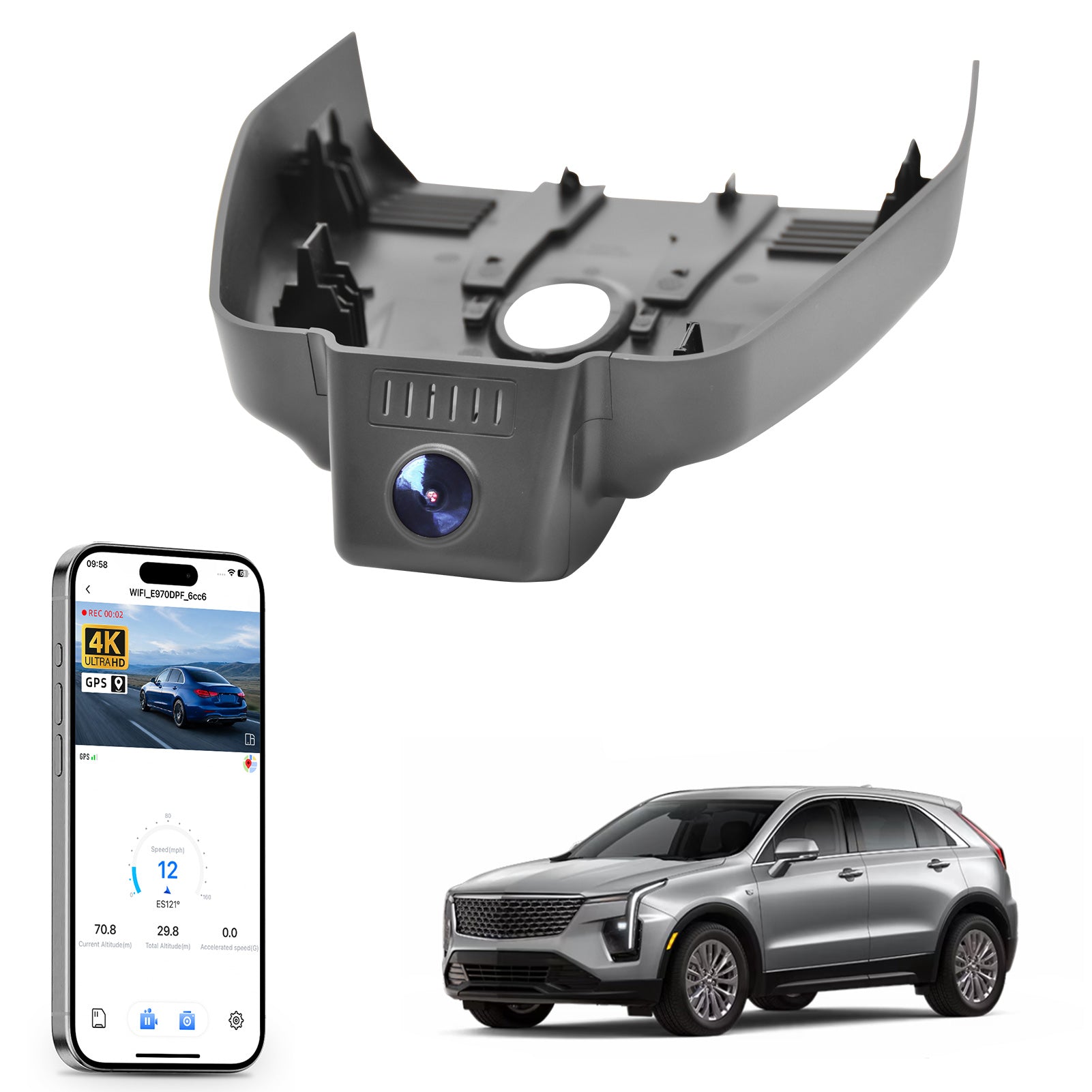 Car rearview mirror built-in dash cam with smartphone app control, 4K Ultra HD recording, GPS tracking, and Cadillac XT4 SUV models in the background.
