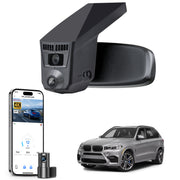 Mangoal 2 channel dash cam with STARVIS sensor, features smartphone app control, front 4K UHD and rear Full HD recording, GPS tracking, and BMW 6 Series Gen3 models in the background.
