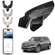 Car rearview mirror built-in dash cam with smartphone app control, 4K Ultra HD recording, GPS tracking, and Benz GLE & GLS models in the background.