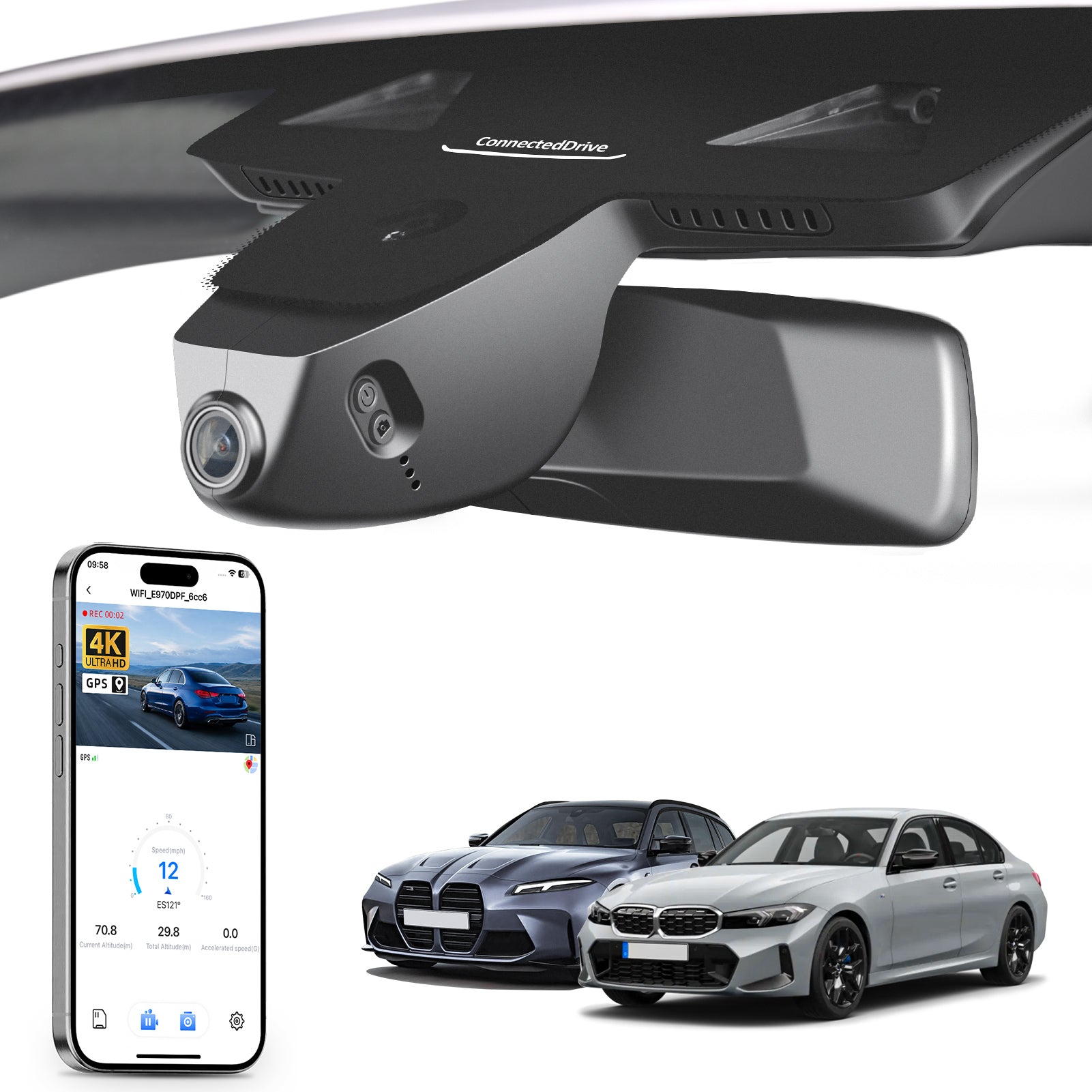 Car rearview mirror built-in dash cam with smartphone app control, 4K Ultra HD recording, GPS tracking, and BMW 3 Series Gen7 models in the background.