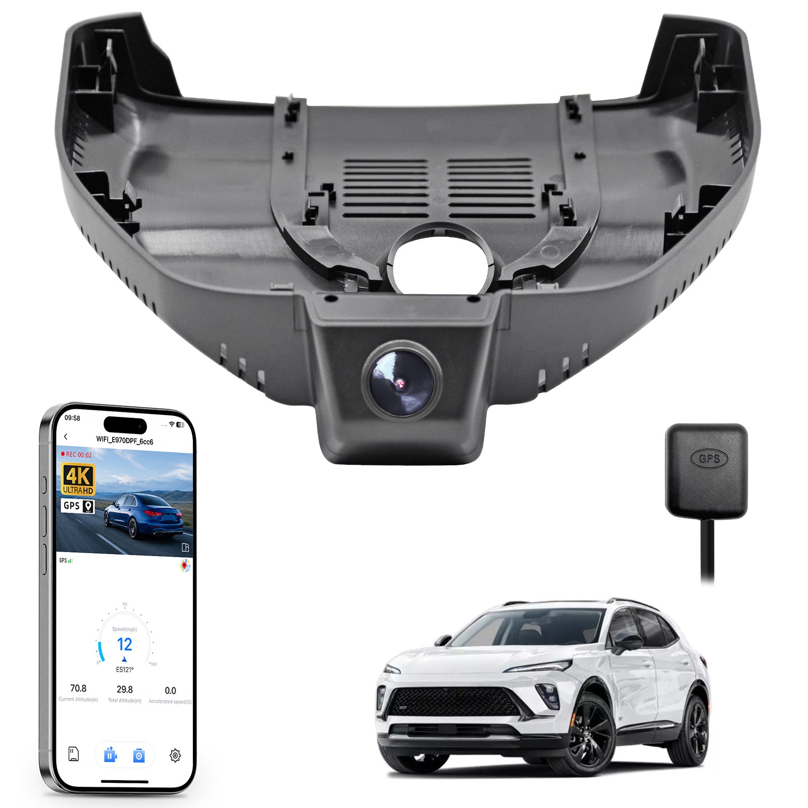 Car rearview mirror built-in dash cam with smartphone app control, 4K Ultra HD recording, GPS tracking, and Buick Envision SUV models in the background.