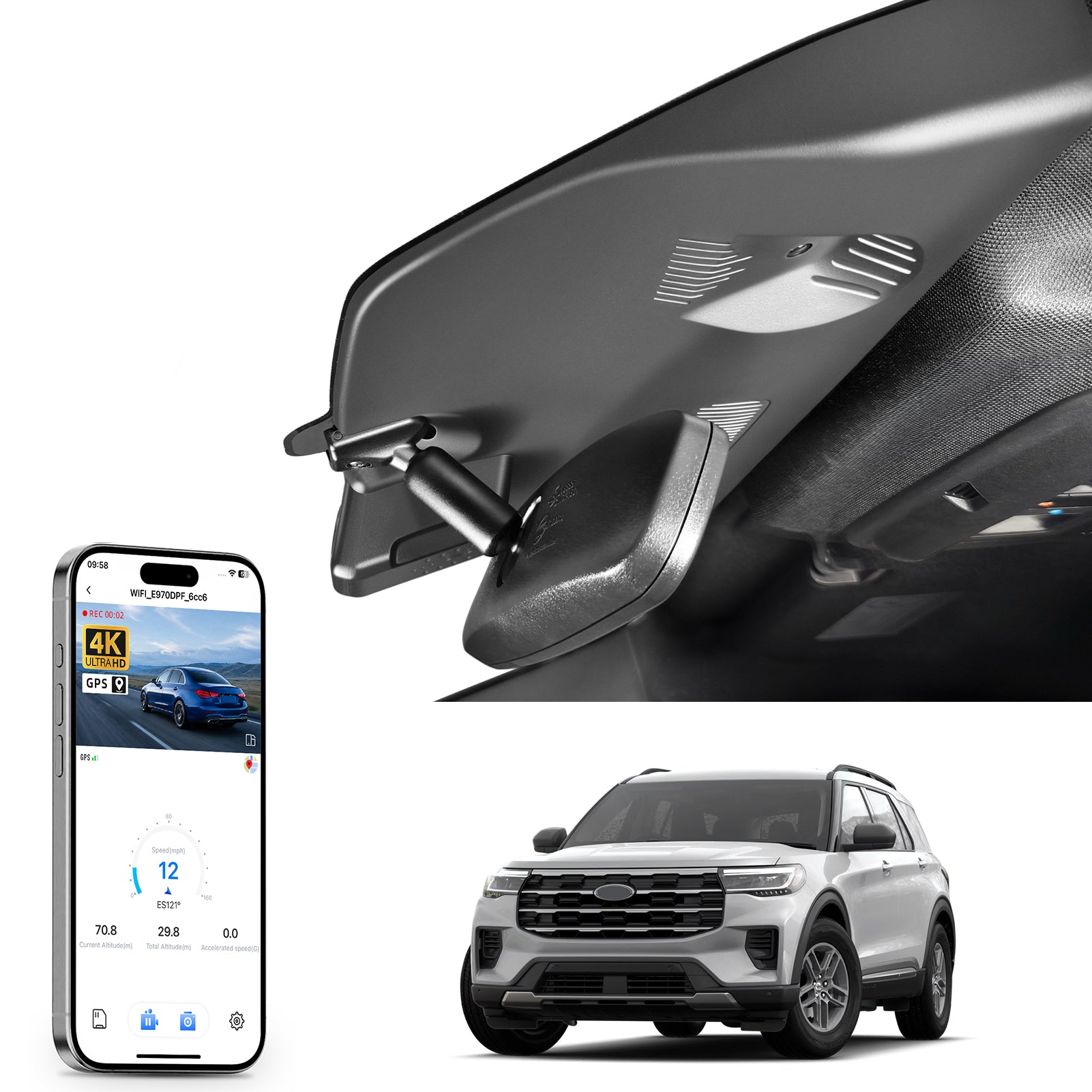 Car built-in dash cam with smartphone app control, 4K Ultra HD recording, GPS tracking, and Ford Explorer SUV models in the background.