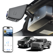 Car built-in dash cam with smartphone app control, 4K Ultra HD recording, GPS tracking, and Ford F-series truck models in the background.