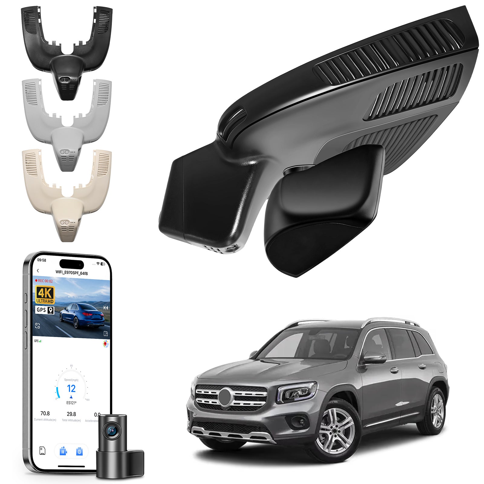 2 channel dash cam with dual STARVIS 2, features smartphone app control, 4K Ultra HD recording, GPS tracking, and Benz GLE & GLS models in the background. 