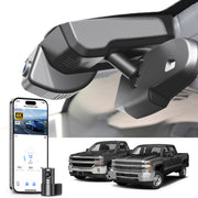 Car rearview mirror dash cam with smartphone app control, 4K Ultra HD recording, GPS tracking, and Chevy Silverado pickup truck models in the background.
