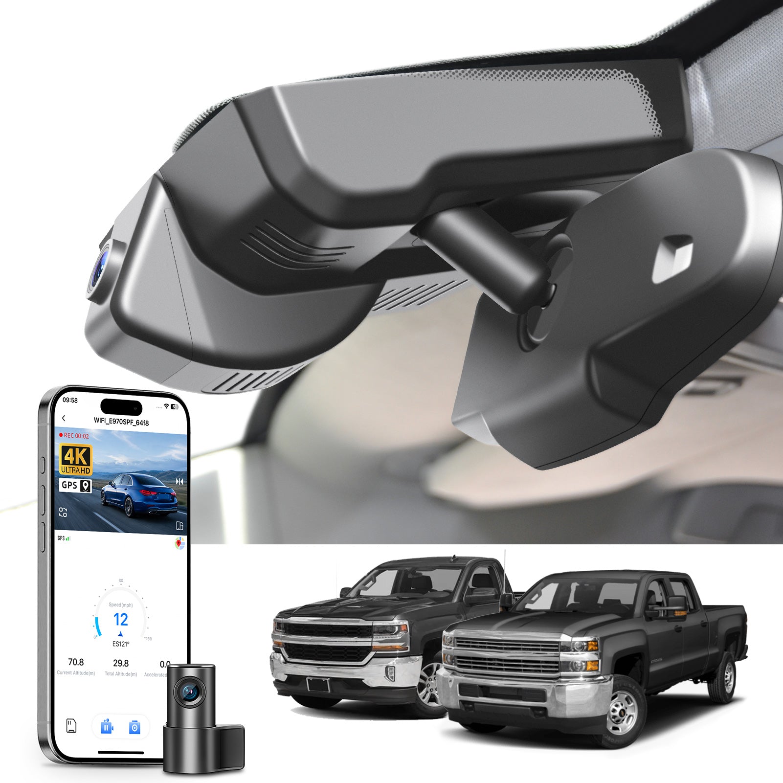Car rearview mirror dash cam with smartphone app control, 4K Ultra HD recording, GPS tracking, and Chevy Silverado pickup truck models in the background.