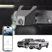 Car backup camera with smartphone app control, 4K Ultra HD recording, GPS tracking, and Chevy Silverado pickup truck models in the background.