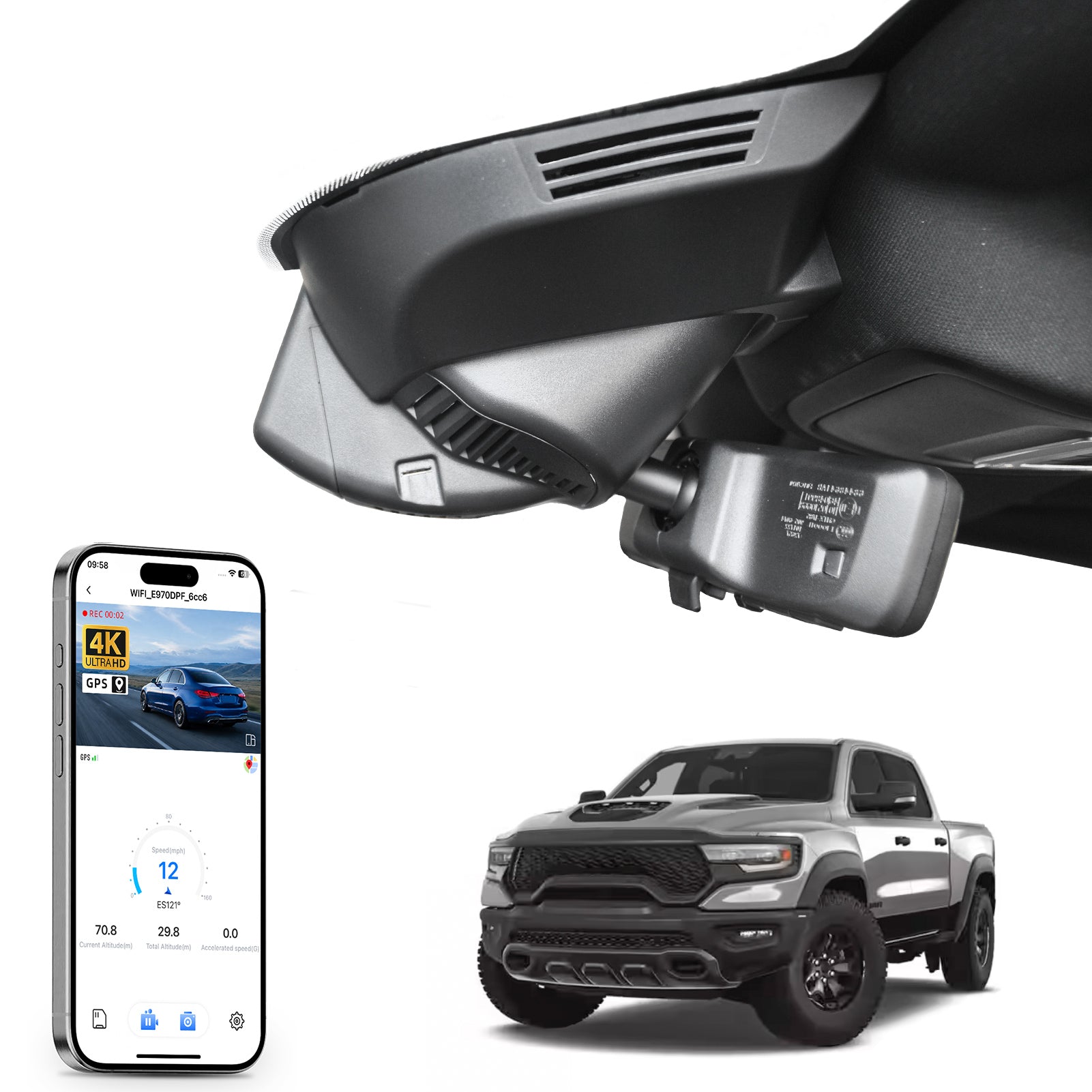 Car rearview mirror built-in dash cam with smartphone app control, 4K Ultra HD recording, GPS tracking, and Dodge RAM Gen5 Pickup models in the background.