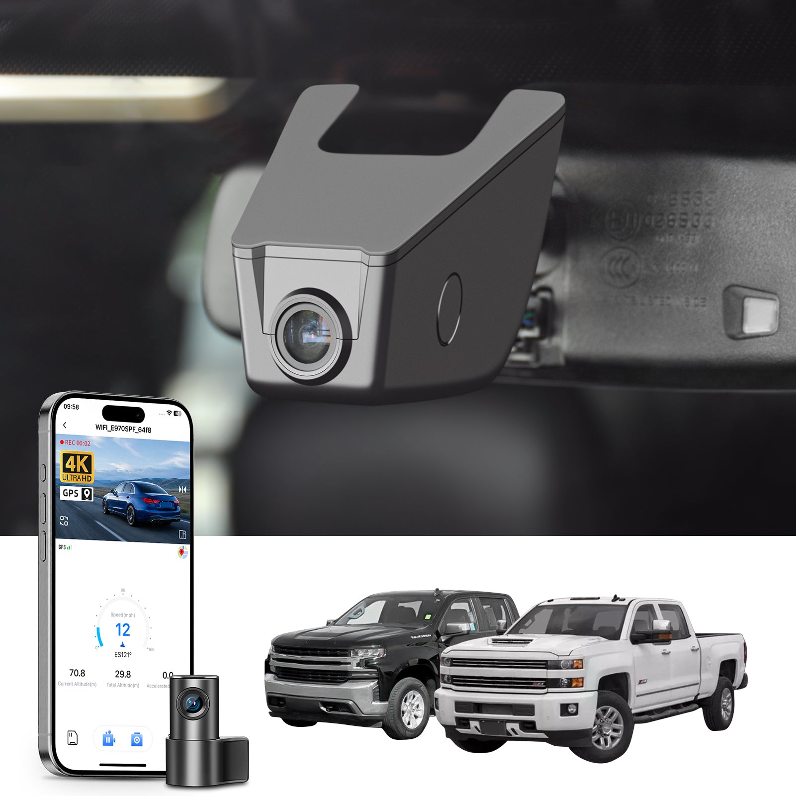Car rearview mirror built-in dash cam with smartphone app control, 4K Ultra HD recording, GPS tracking, and Chevy Silverado pickup truck models in the background.