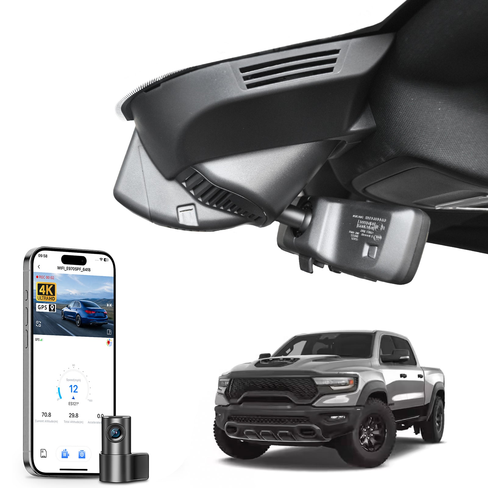 2 channel dash cam with dual STARVIS 2, features smartphone app control, 4K Ultra HD recording, GPS tracking, and Dodge RAM Gen5 Pickup models in the background.  
