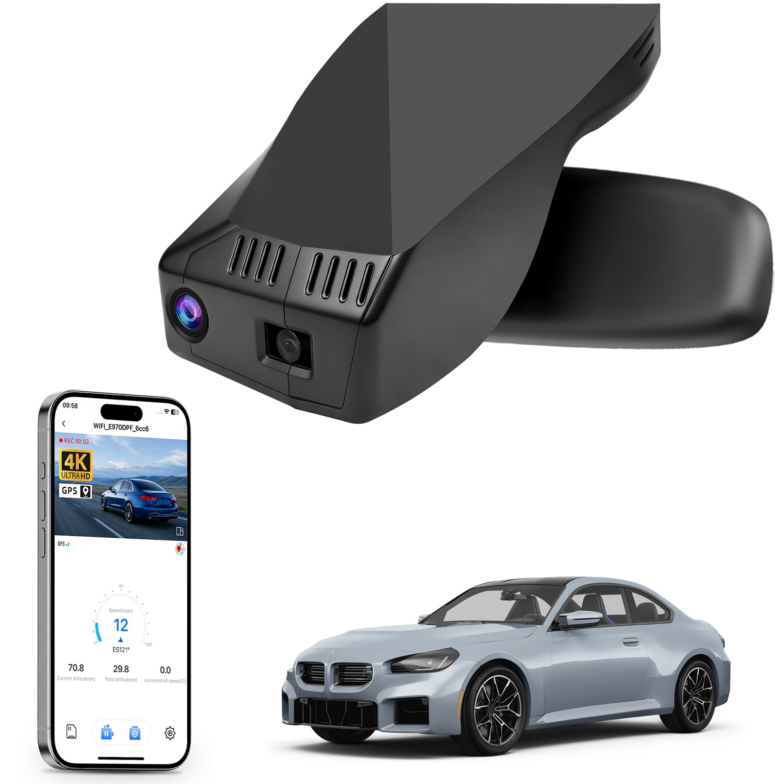 Car rearview mirror built-in dash cam with smartphone app control, 4K Ultra HD recording, GPS tracking, and BMW 2 Series M2 models in the background.