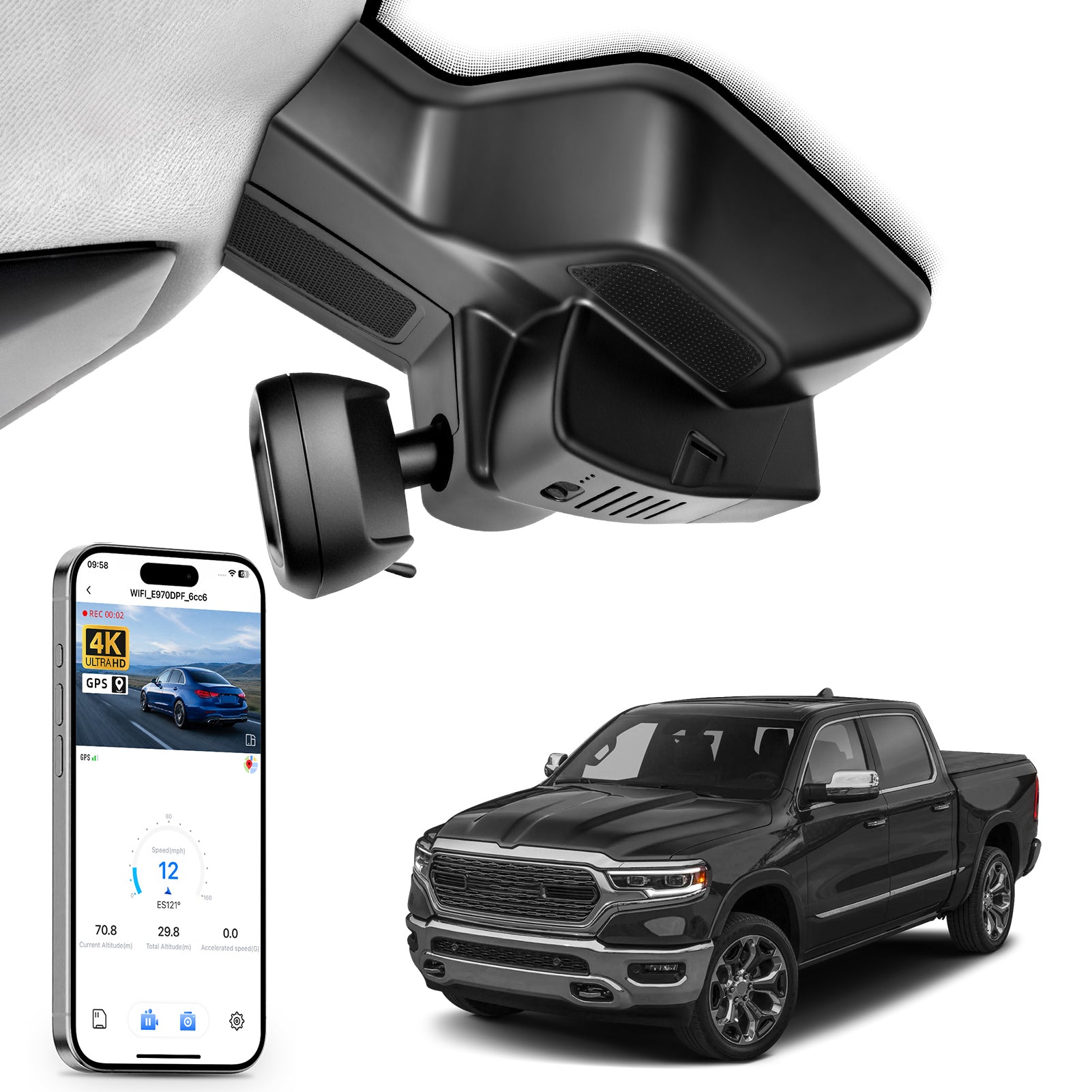 Car rearview mirror built-in dash cam with smartphone app control, 4K Ultra HD recording, GPS tracking, and Dodge RAM Gen5 Pickup models in the background.