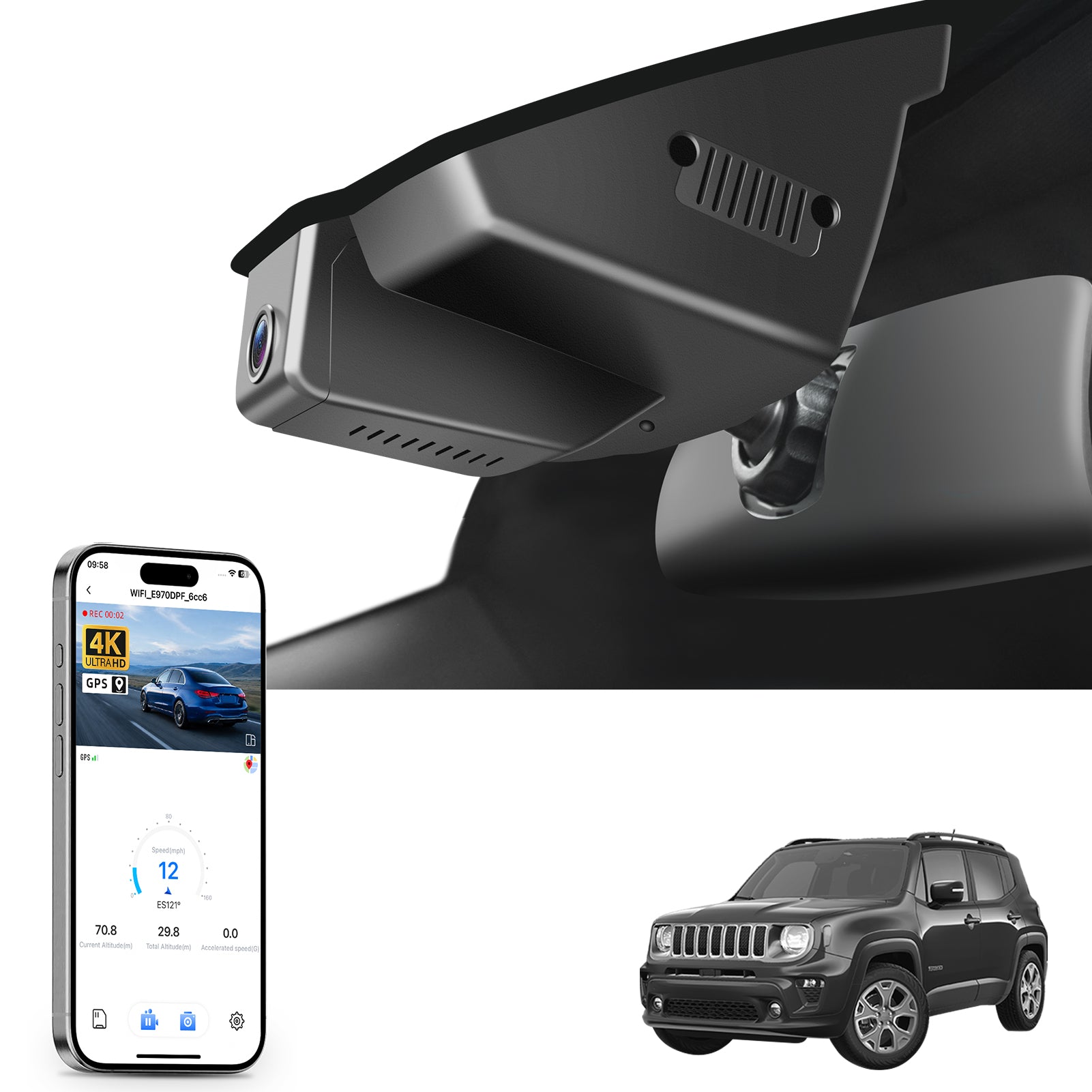 Mangoal Caméra de tableau de bord avant 4K et arrière 1080p sur mesure pour Jeep Wrangler JL, Gladiator JT 2018 2019 2020 2021 2022 2023 2024, look OEM intégré, vidéo UHD 2160P, WiFi et application, facile à installer, carte 128 Go