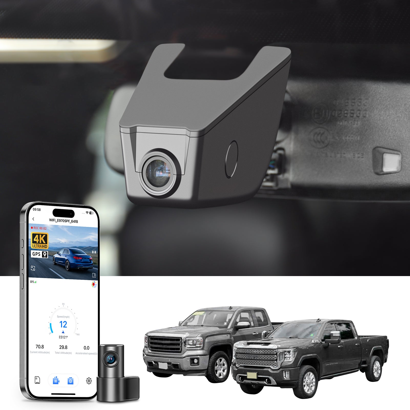 Mangoal Front 4K & Rear 2K HDR Dash Cam, Dual STARVIS 2 IMX678 IMX675 for GMC Sierra Select 1500, Select 2500/3500 HD (Model E)