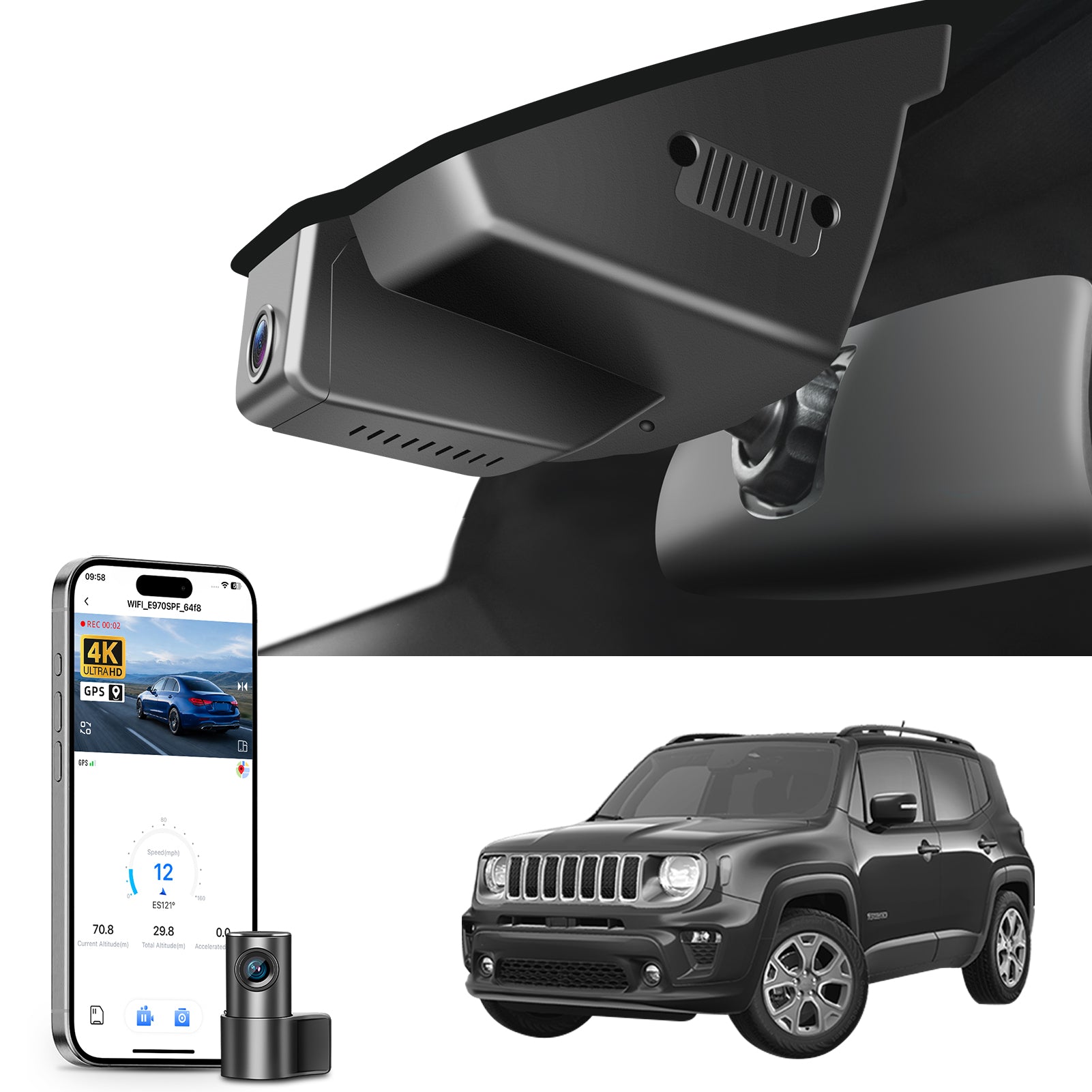 Mangoal Caméra de tableau de bord avant 4K et arrière 1080p sur mesure pour Jeep Wrangler JL, Gladiator JT 2018 2019 2020 2021 2022 2023 2024, look OEM intégré, vidéo UHD 2160P, WiFi et application, facile à installer, carte 128 Go