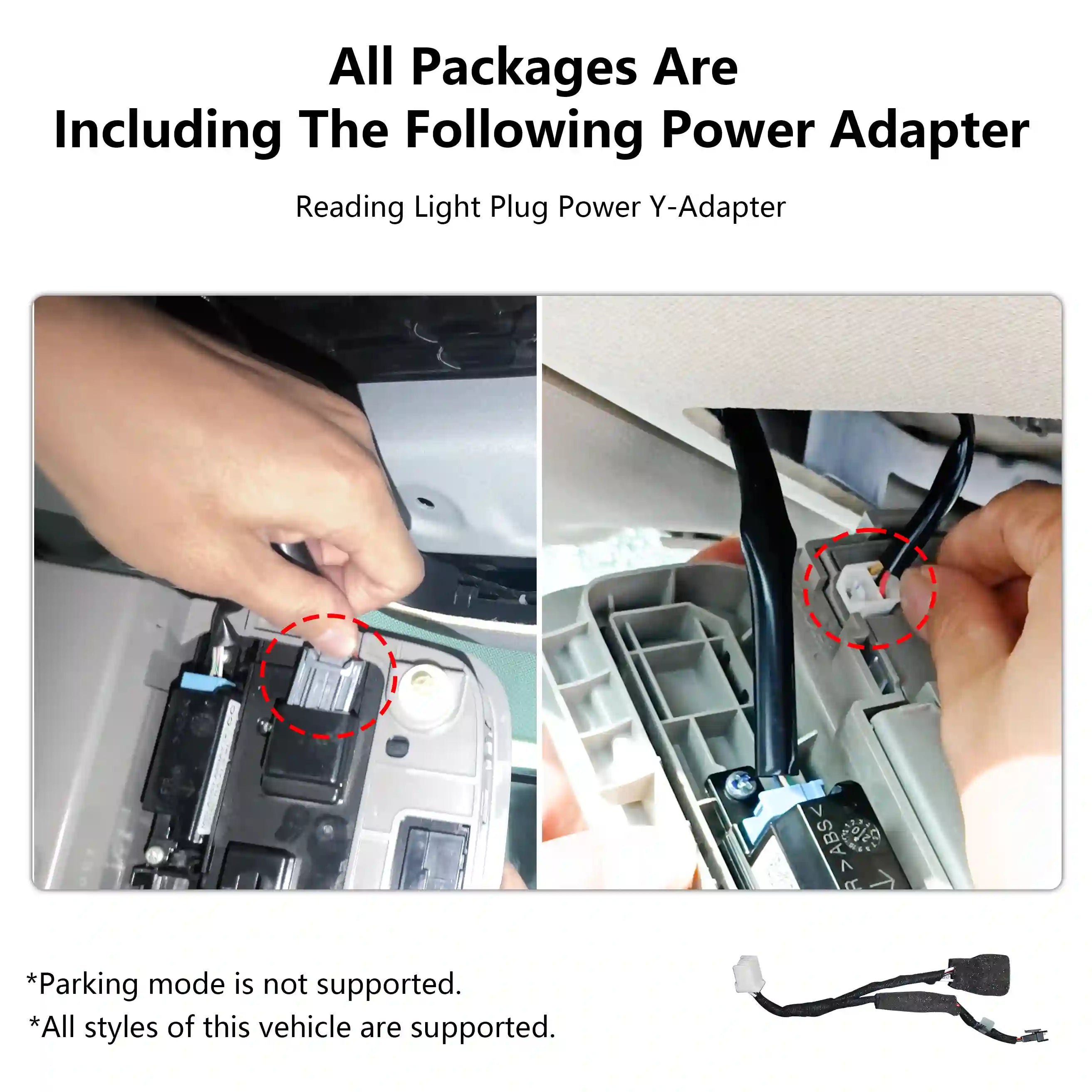 Honda Pilot, Honda Passport, Honda Ridgeiline Power adapter installation instructions with close-up images of hands and vehicle interior.