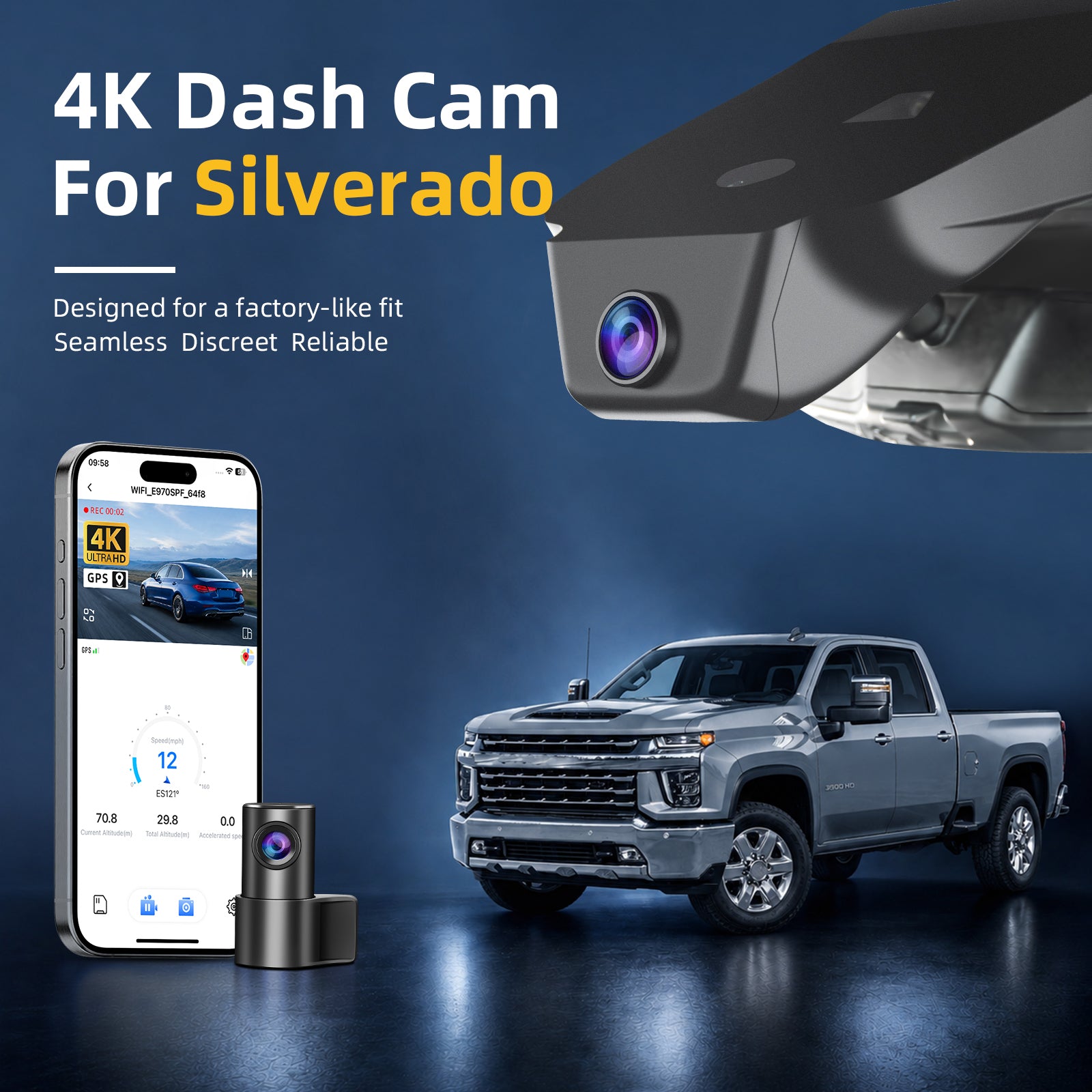Mangoal Front 4K & Rear 1080P Dash Cam for Chevy Silverado 1500 2022-2026, 2500 HD/3500 HD 2024-2026 (Model C)