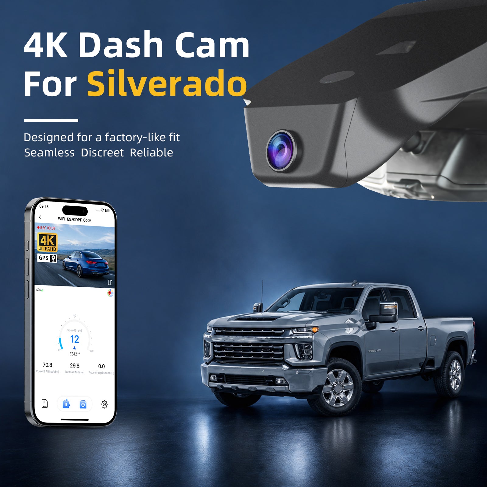 Mangoal 4K Dash Cam for Chevy Silverado 1500 2022-2026, 2500 HD/3500 HD 2024-2026 (Model C)