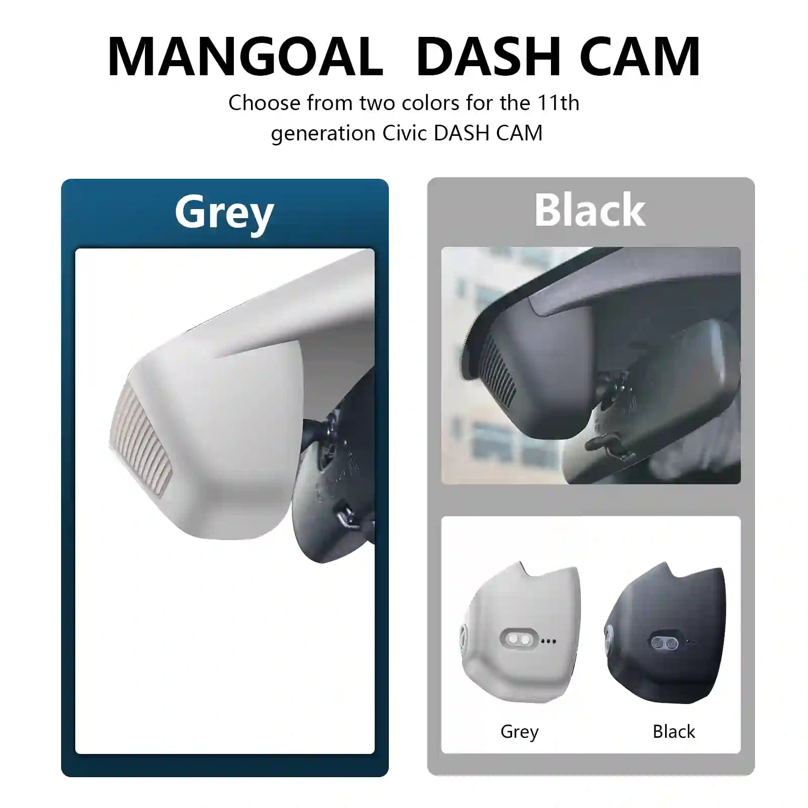Mangoal dash cam options for 11th generation Civic, showing grey and black color choices.