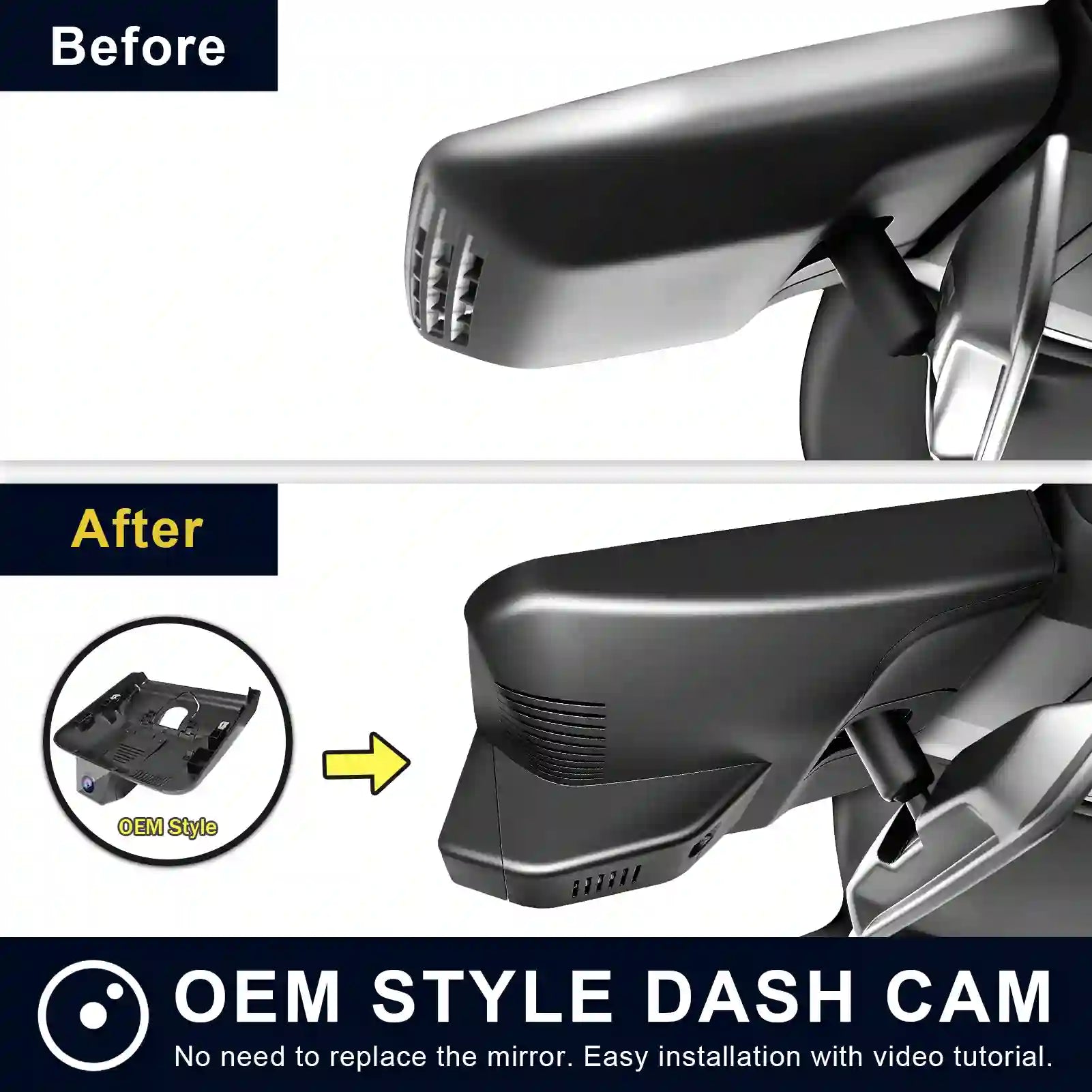 Comparison of a car mirror with and without an OEM style dash cam installation. by mangoal tech dash camera 