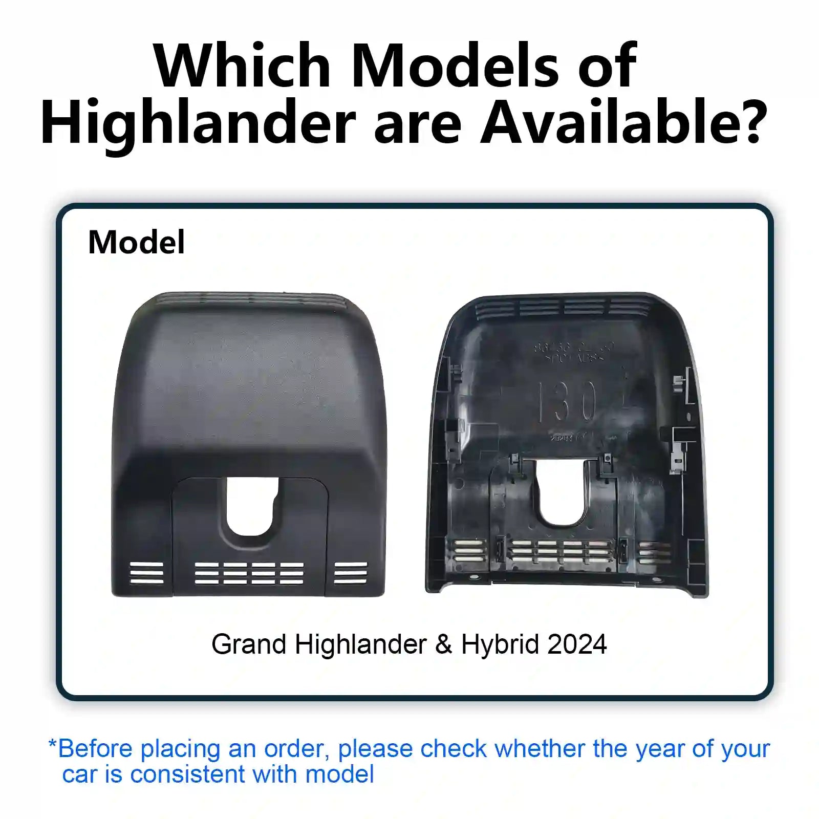 Two car interior parts with text indicating available models for Grand Highlander & Hybrid 2024.   For mangoal tech dash camera