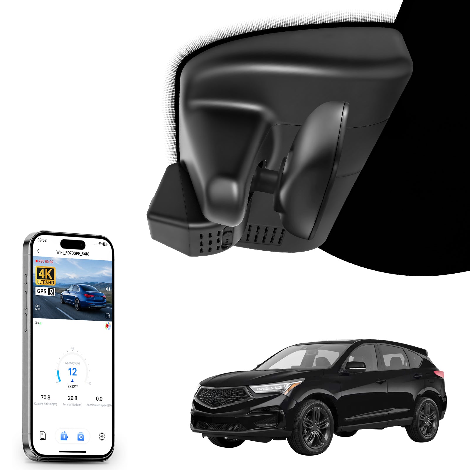 Car rearview mirror built-in dash cam with smartphone app control, 4K Ultra HD recording, GPS tracking, and Acura RDX SUV models in the background.