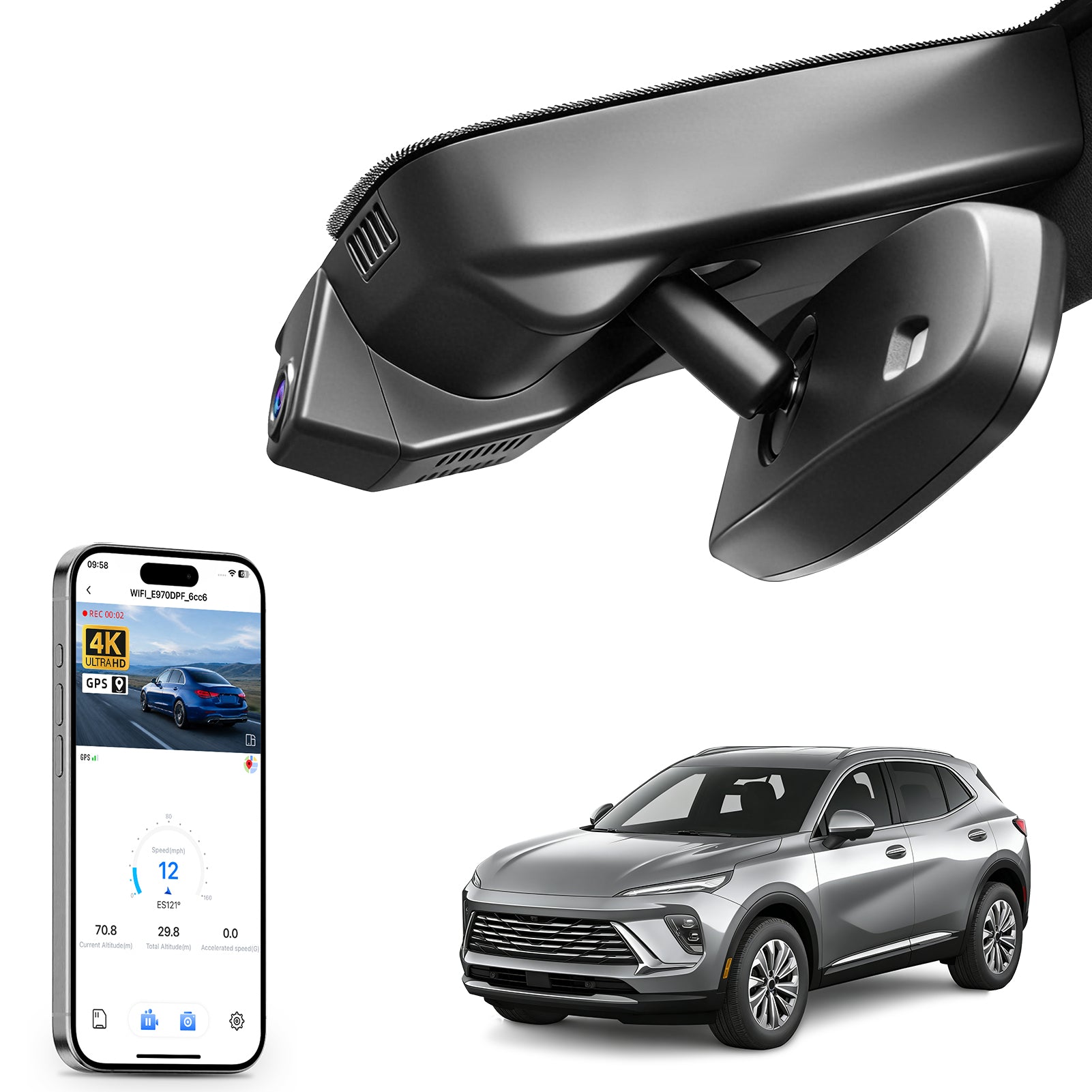 Car rearview mirror built-in dash cam with smartphone app control, 4K Ultra HD recording, GPS tracking, and Buick Envista models in the background.