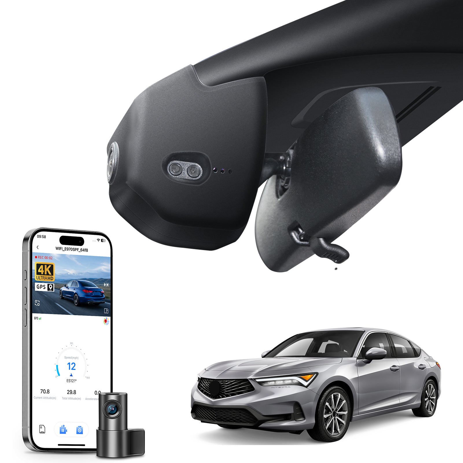 Car rearview mirror built-in dash cam with smartphone app control, 4K Ultra HD recording, GPS tracking, and Acura Integra models in the background.