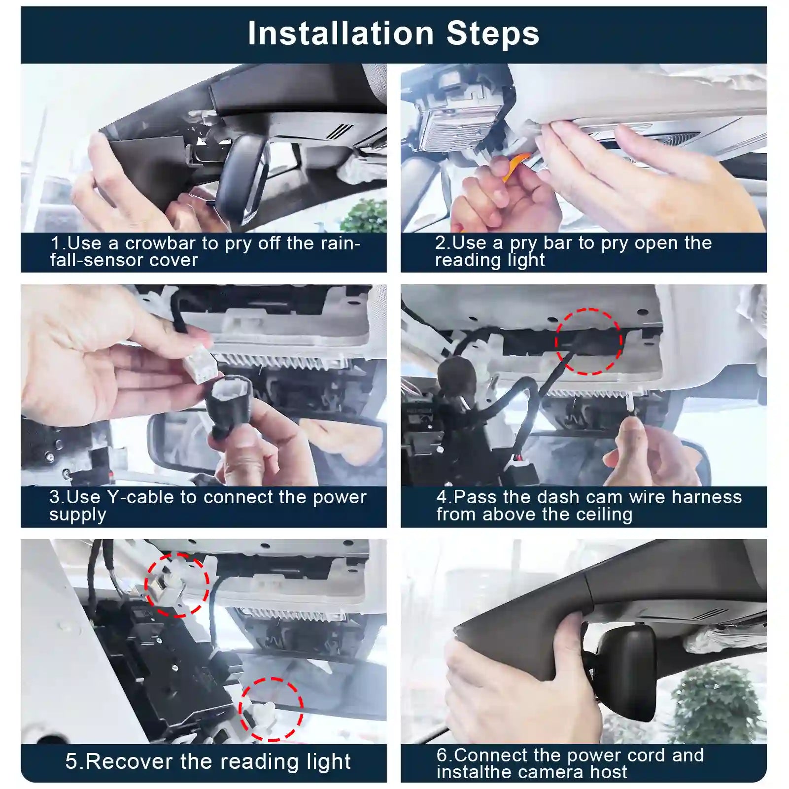 honda pilot passport Ridgeline Step-by-step installation guide for a car dashboard camera with visual instructions and close-up views.