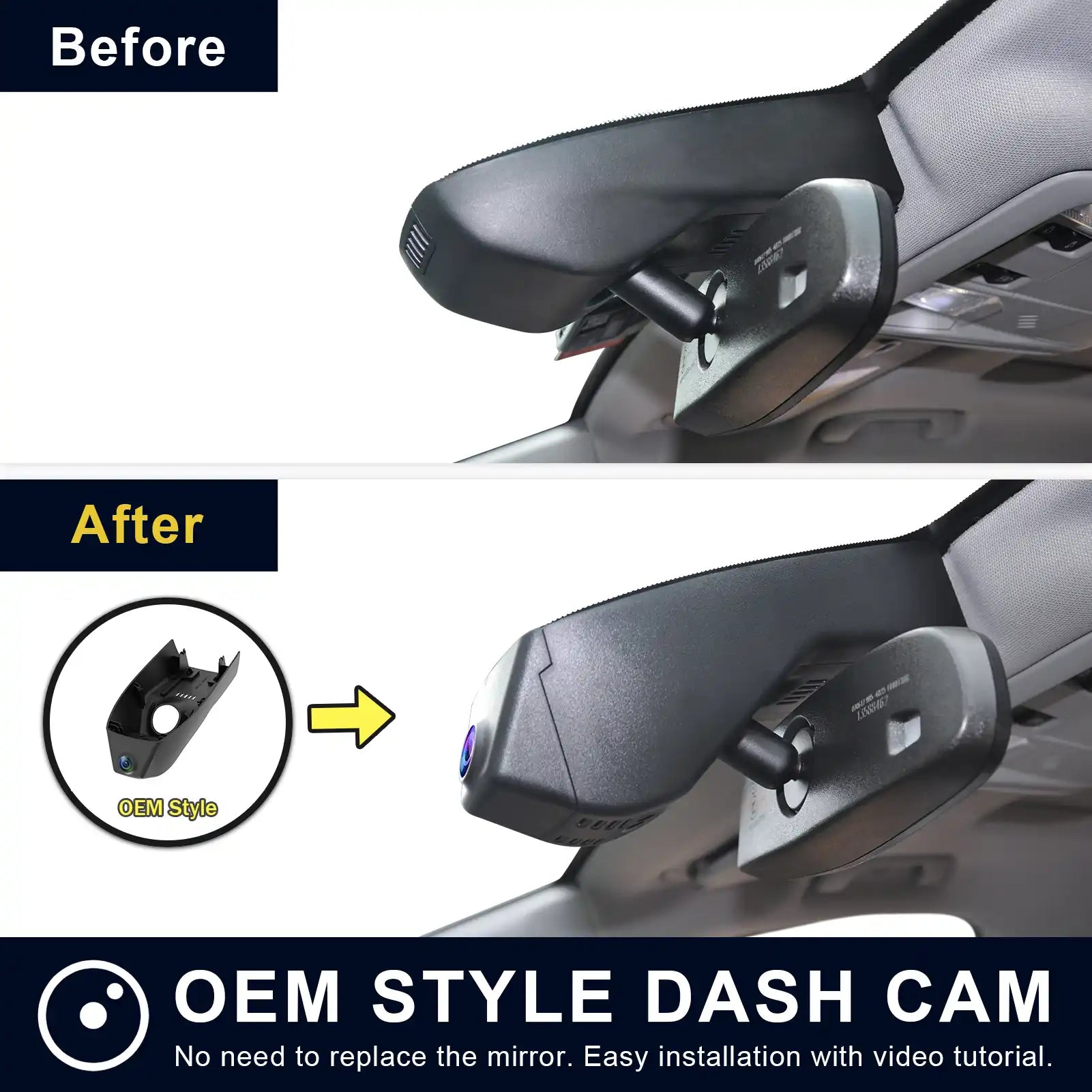 Before and after comparison of a car dash cam installation with 'OEM Style' branding.