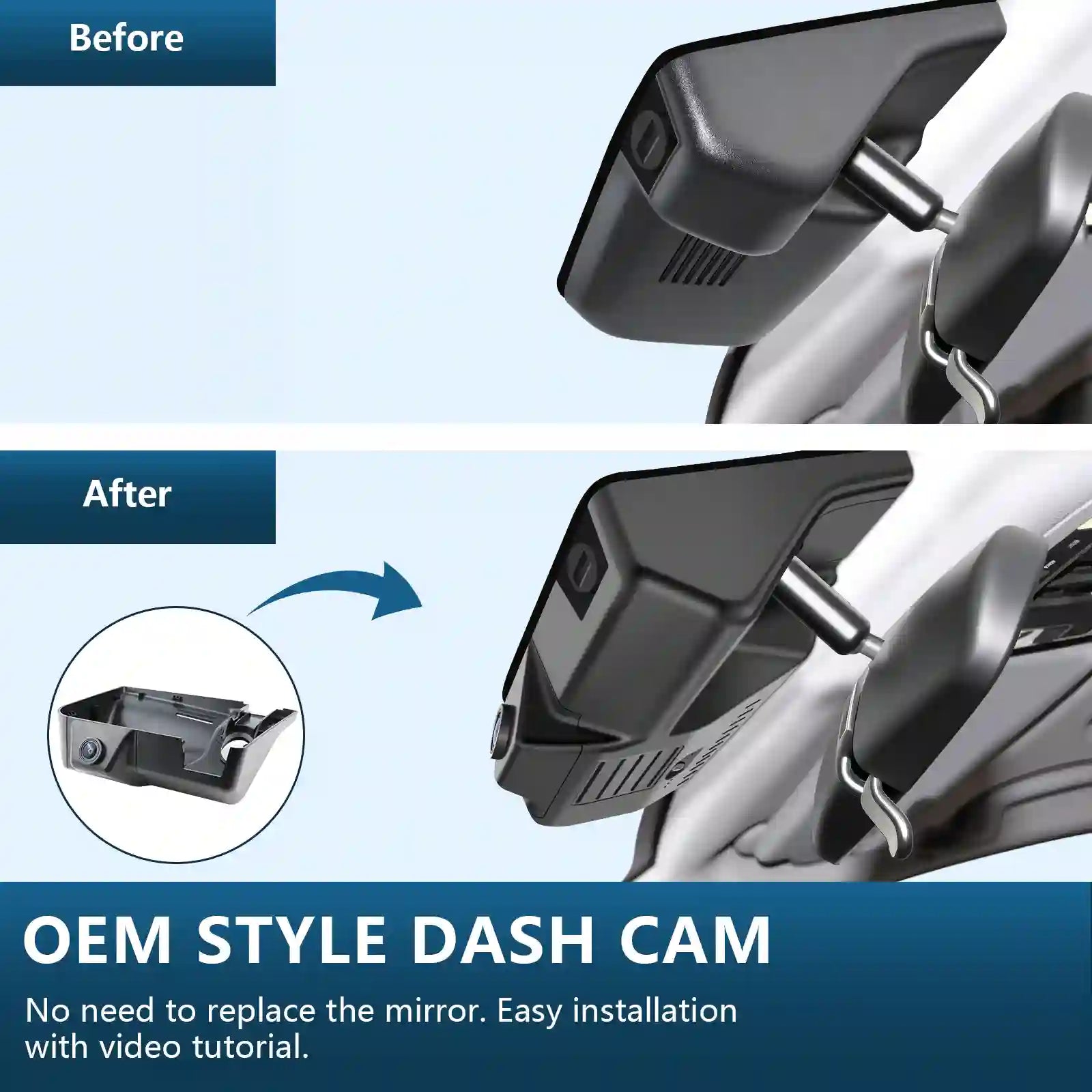Honda Pilot poassport Ridgeline Before and after comparison of an OEM style dash cam installation on a car mirror with text and arrow indicating ease of installation.